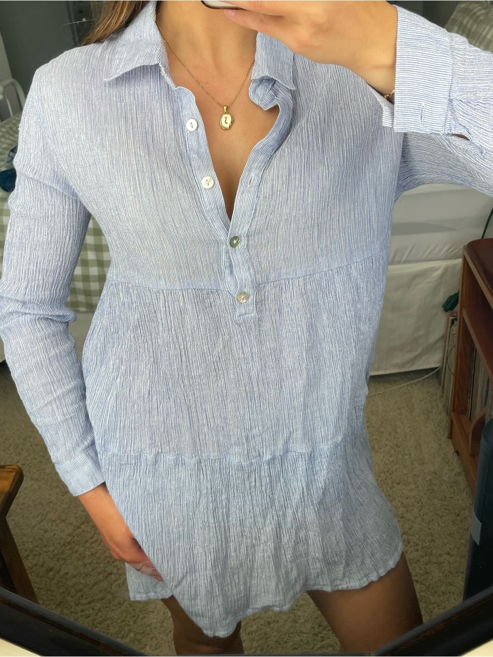 Light Blue Long Button-Front Women's Top